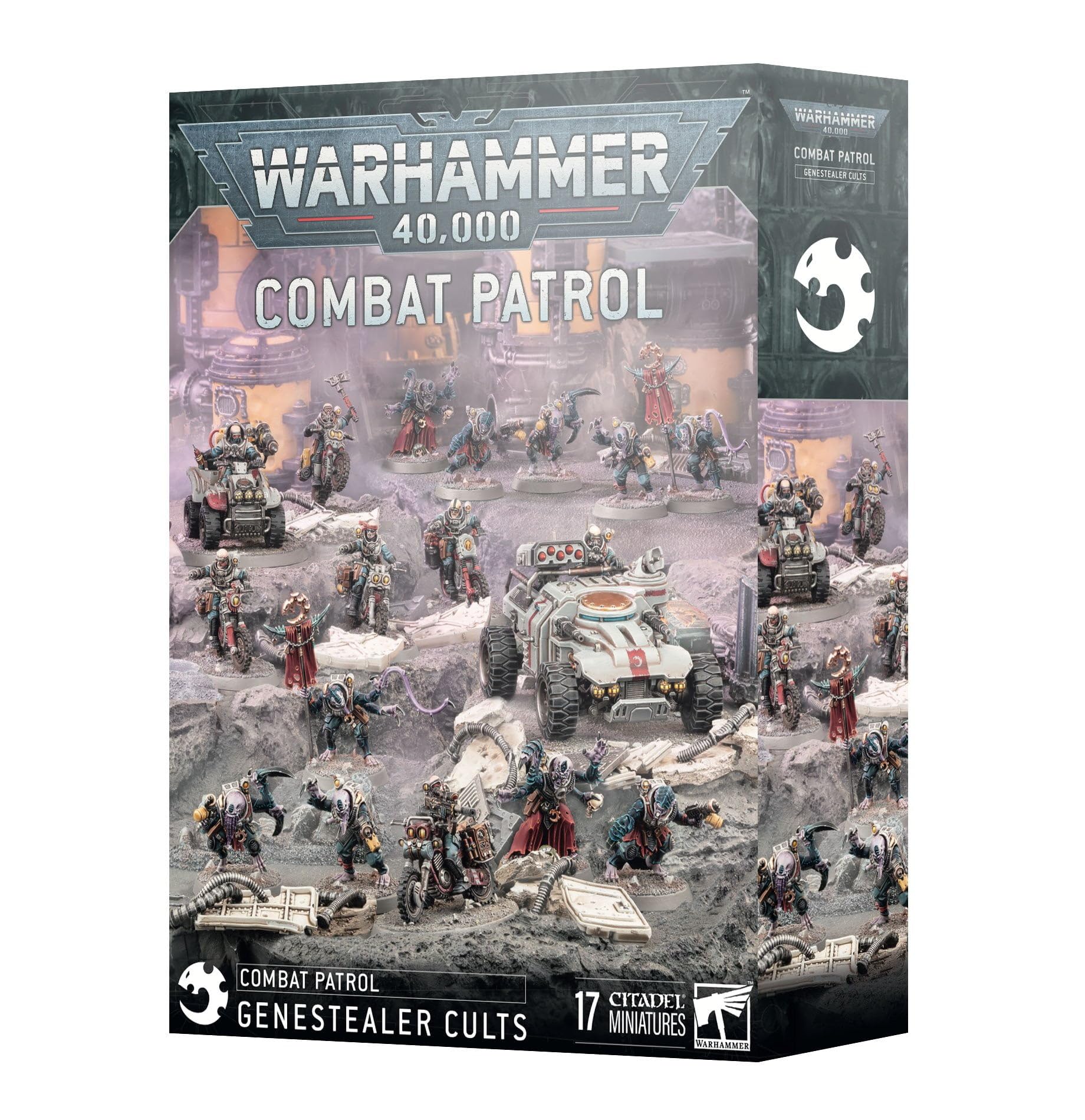 Warhammer 40,000 Combat Patrol game box with miniatures and vehicles on a white background