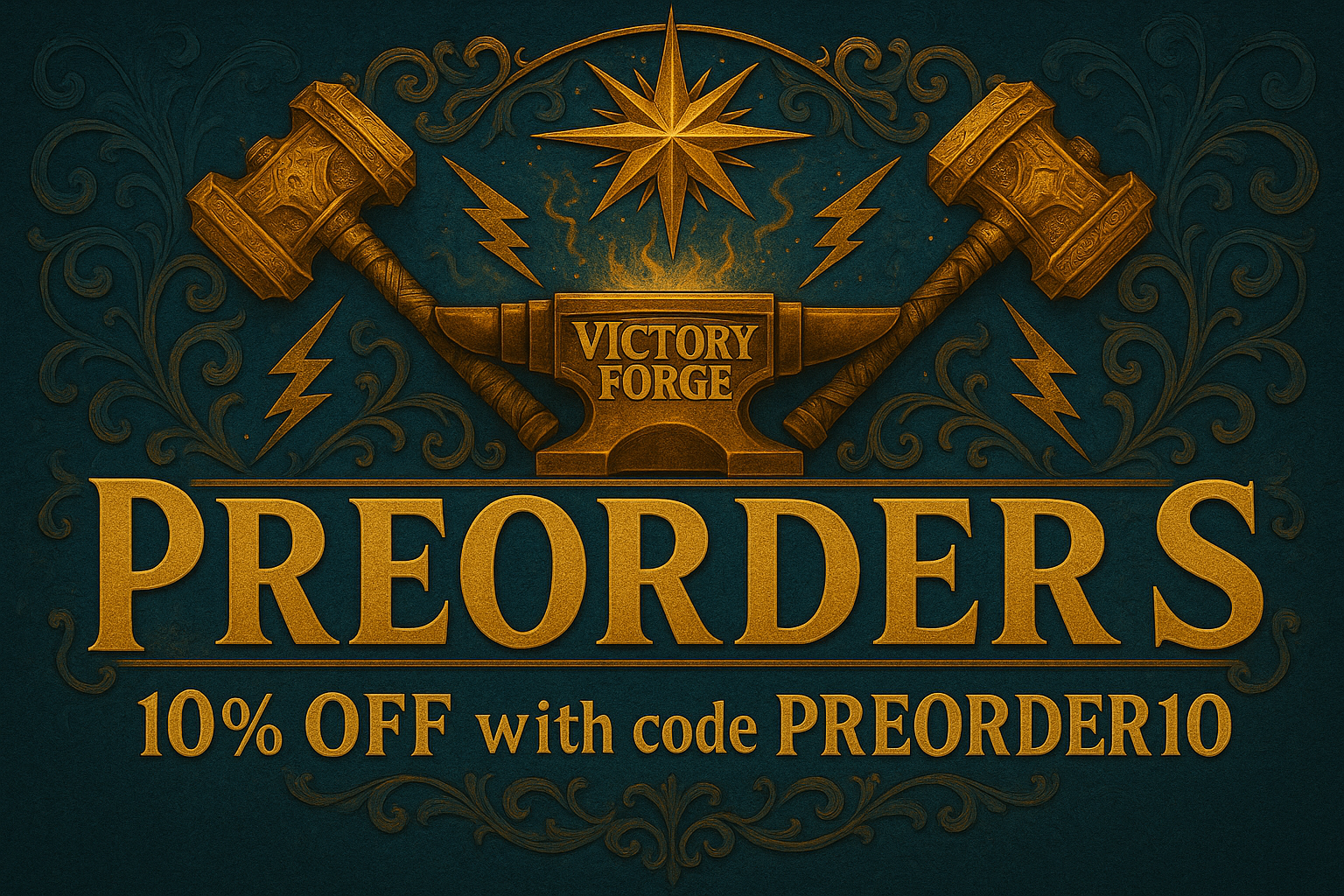 Victory Forge preorder banner with corrected PREORDER10 discount code