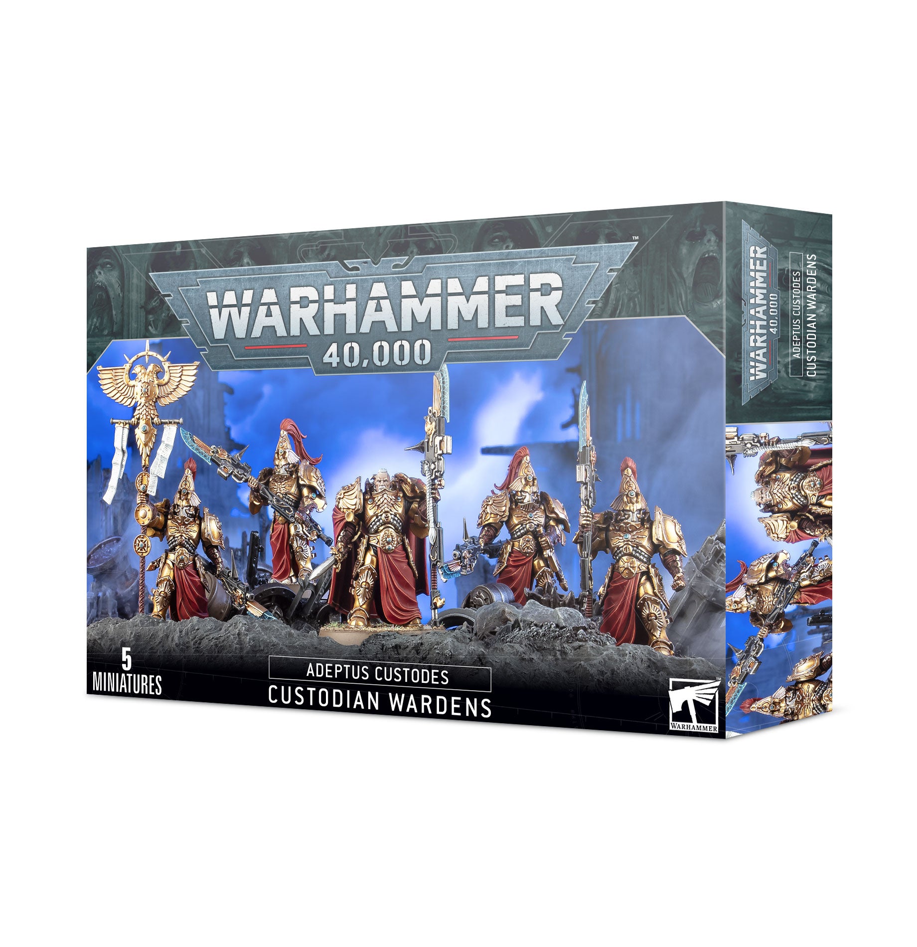 Adeptus Custodes Custodian Wardens miniature set with golden armor and guardian spears