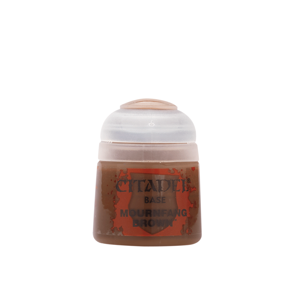 Jar of Citadel Mournfang Brown paint on a white background