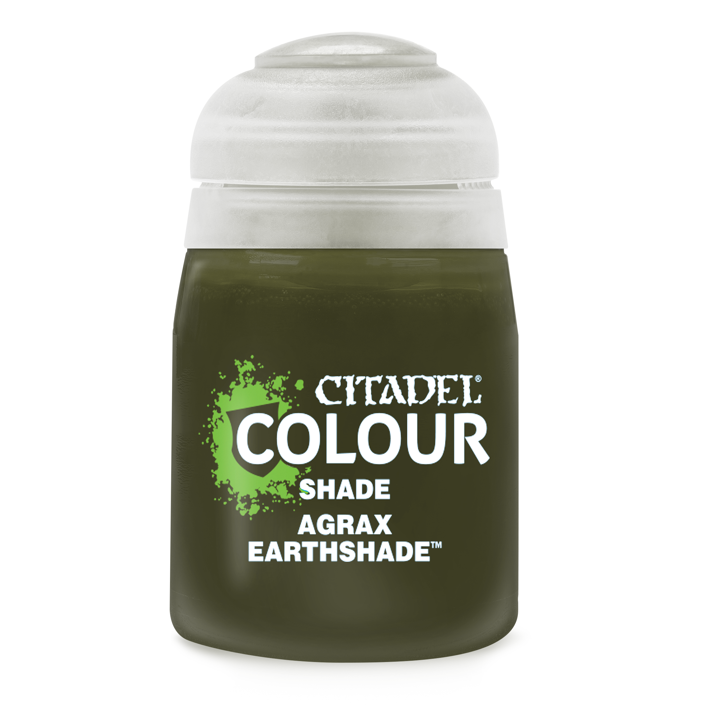 Green paint jar labeled 'Citadel Colour' with 'Shade Agrax Earthshade' on a white background