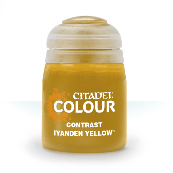 Jar of Citadel Colour Contrast Iyanden Yellow on a white background