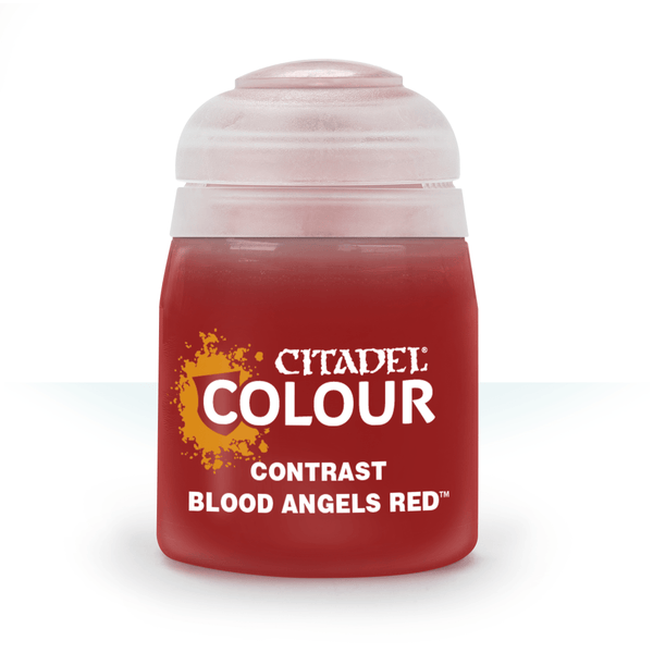 Red paint jar labeled 'Citadel Colour Contrast Blood Angels Red' on a white background