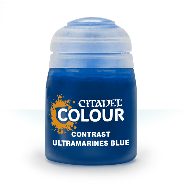 Blue paint jar labeled 'Citadel Colour Contrast Ultramarines Blue' on a white background