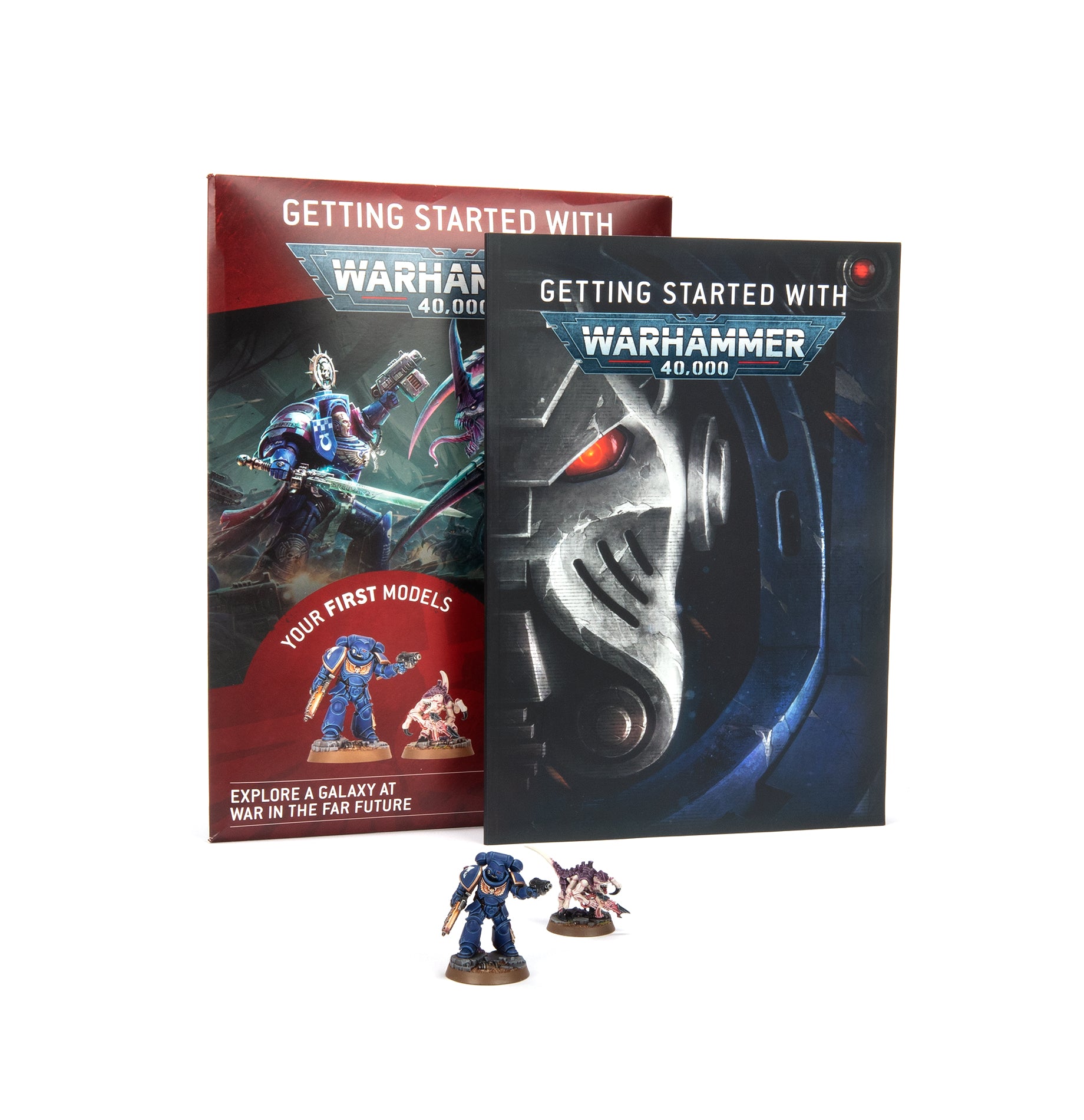 Two 'Getting Started with Warhammer 40,000' books with miniatures on a white background