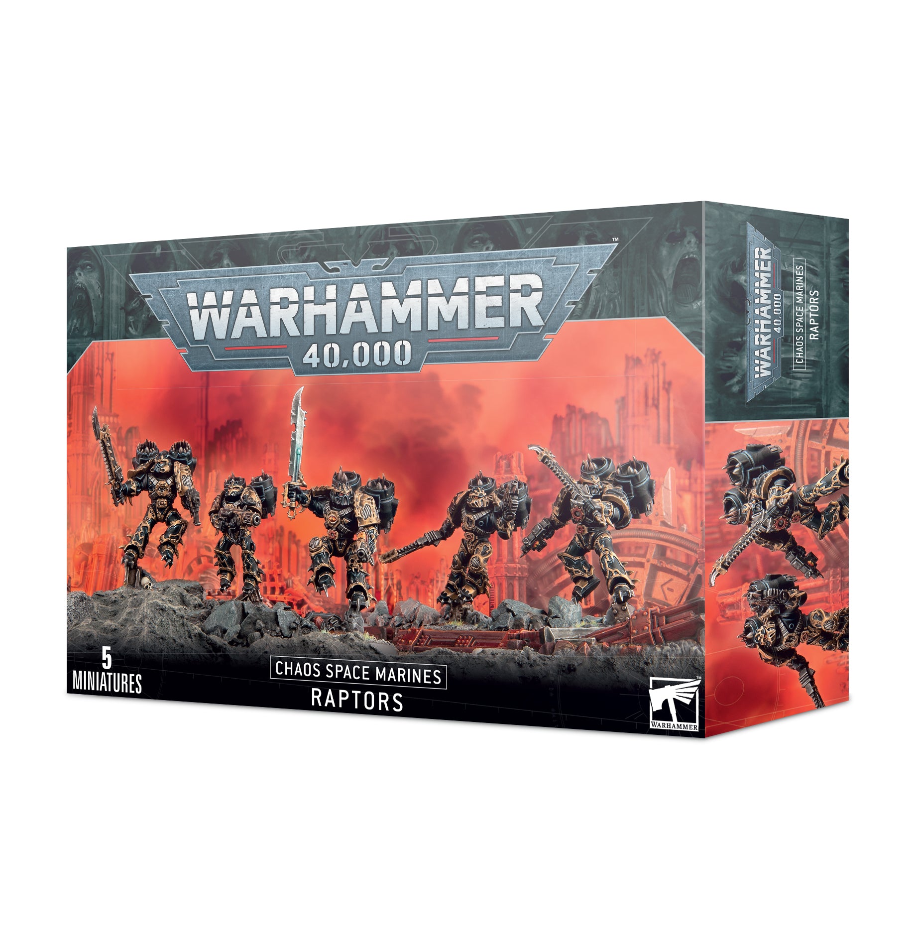 Warhammer 40,000 Chaos Space Marines Raptors miniatures box on a white background