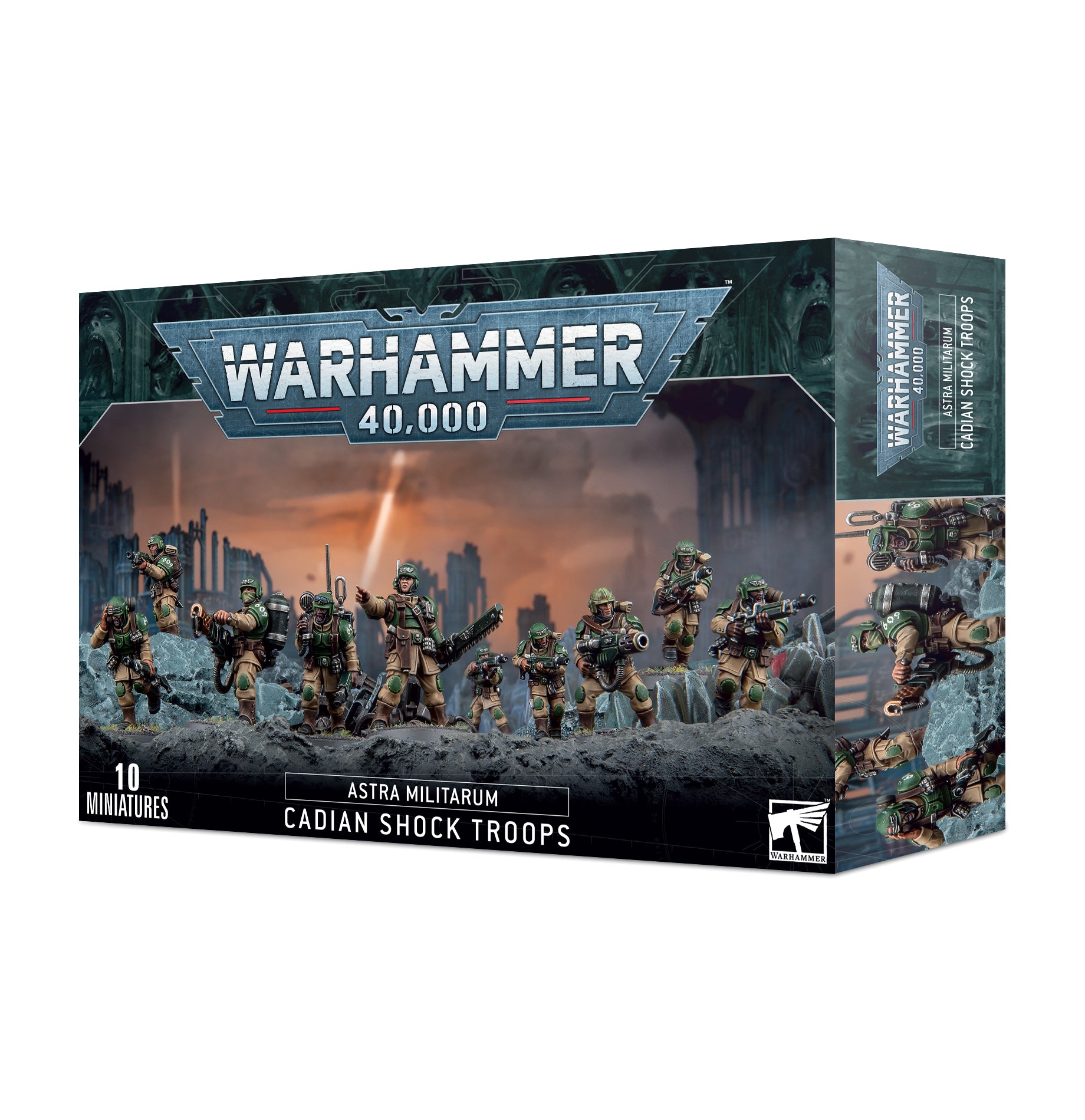 Warhammer 40,000 Astra Militarum Cadian Shock Troops miniatures box on a white background