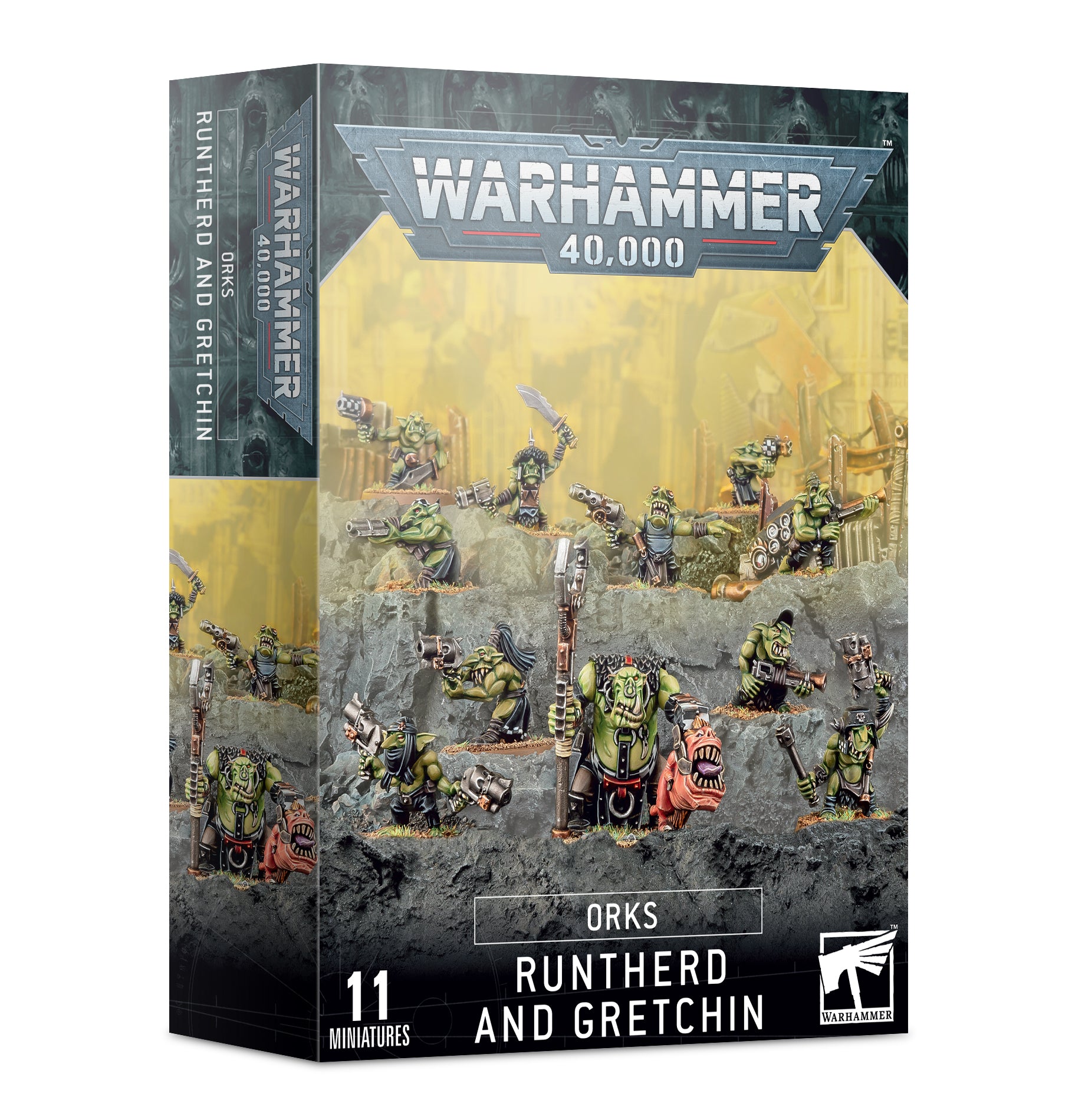 Warhammer 40,000 Orks Runtherd and Gretchin miniatures box on a white background