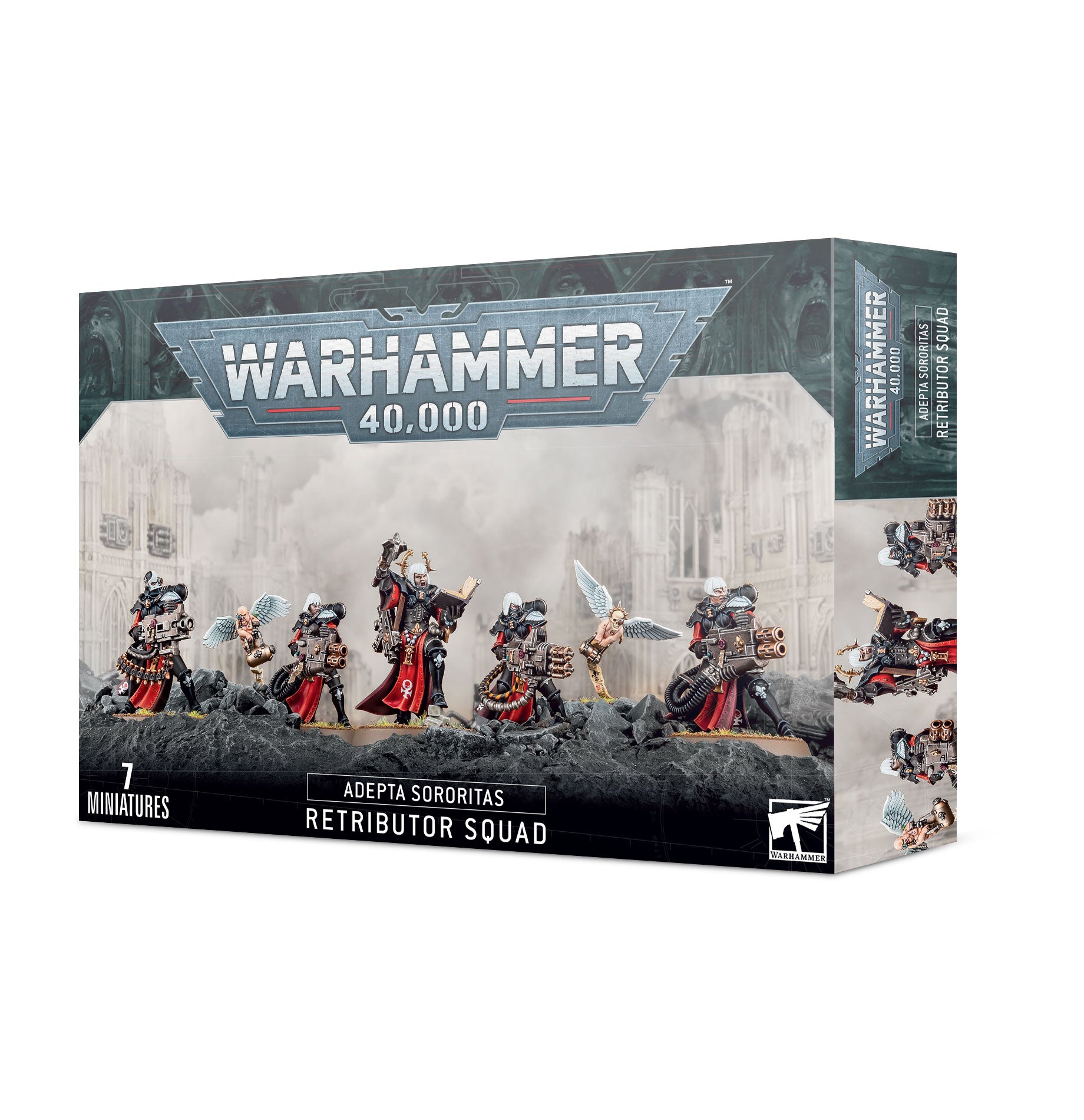 Warhammer 40,000 Adepta Sororitas Retributor Squad miniatures packaging on a white background
