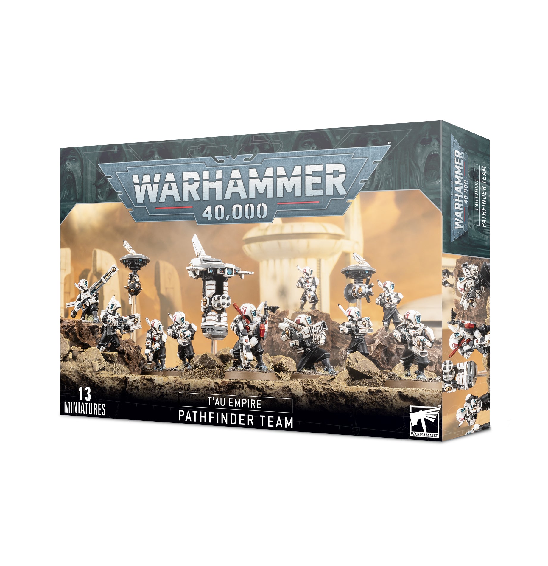 Warhammer 40,000 game box with T úu Empire Pathfinder Team on a white background