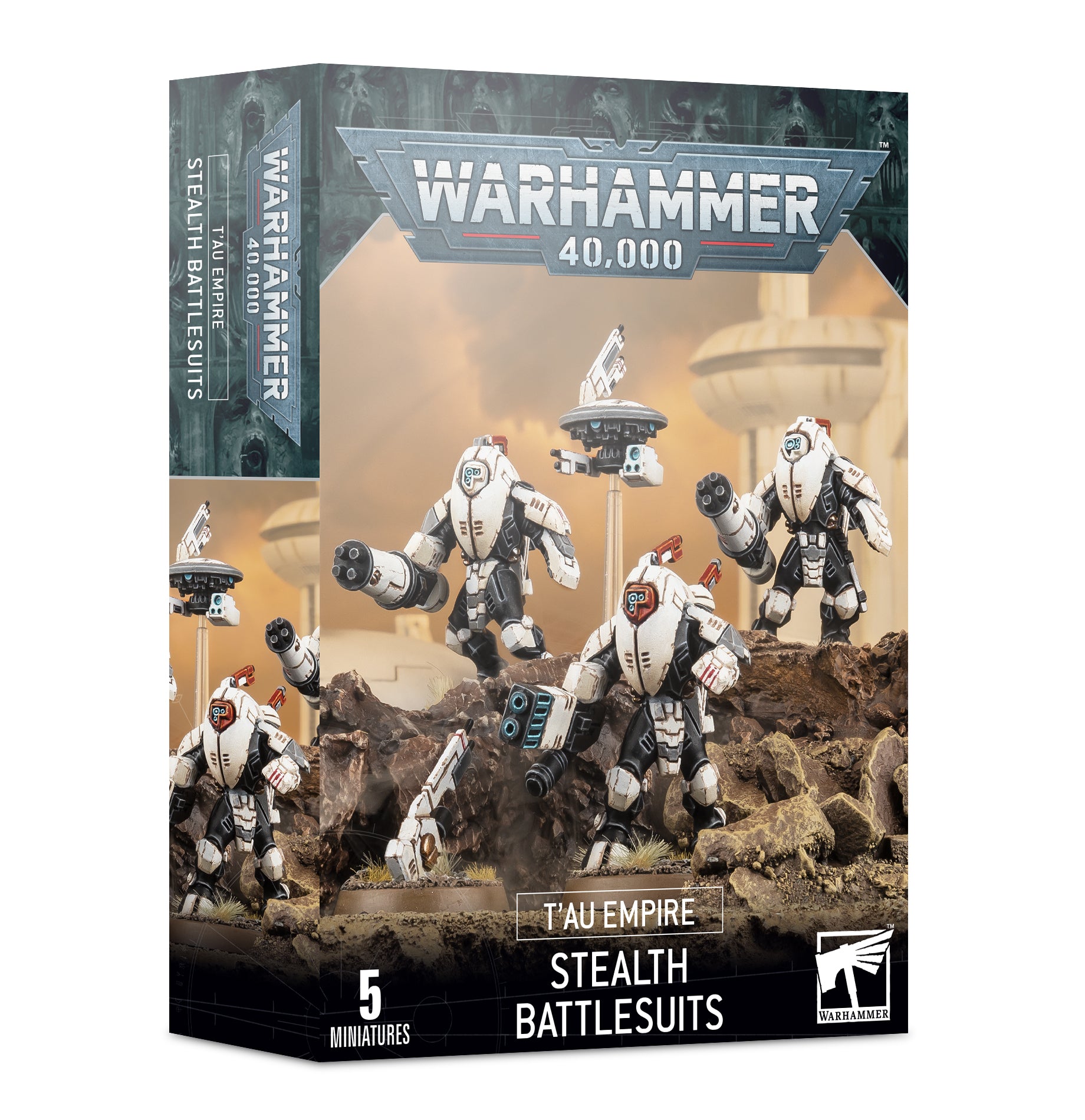 Box of Warhammer 40,000 T'au Empire Stealth Battlesuits on a white background