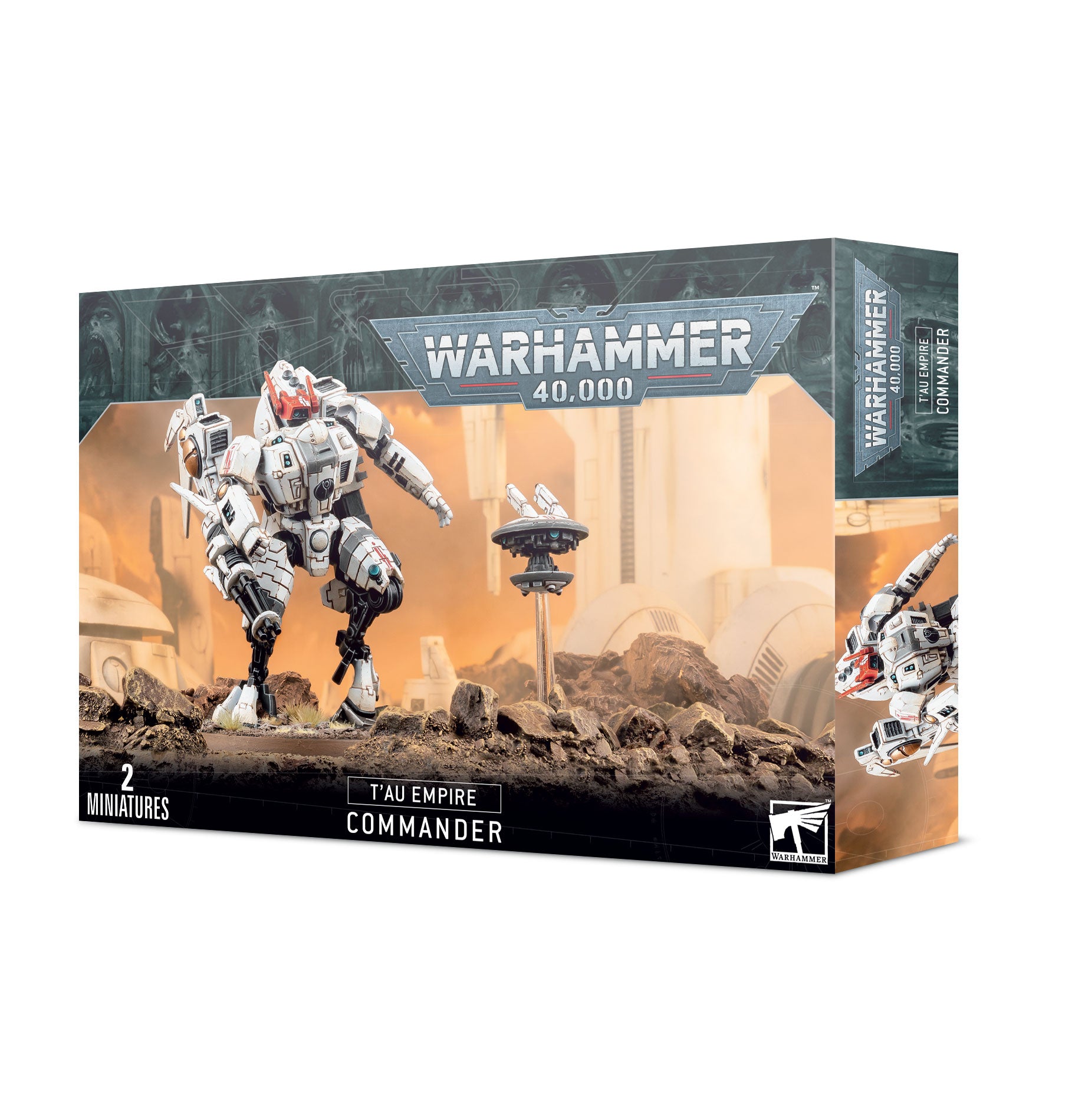 Warhammer 40,000 game box with robot figures on a white background