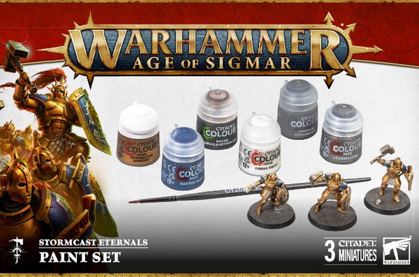 Warhammer Age of Sigmar paint set with miniatures and paint bottles on a red and white background