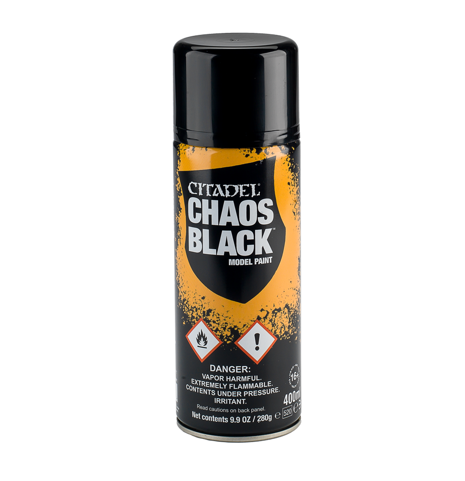 Can of Citadel Chaos Black model paint on a white background