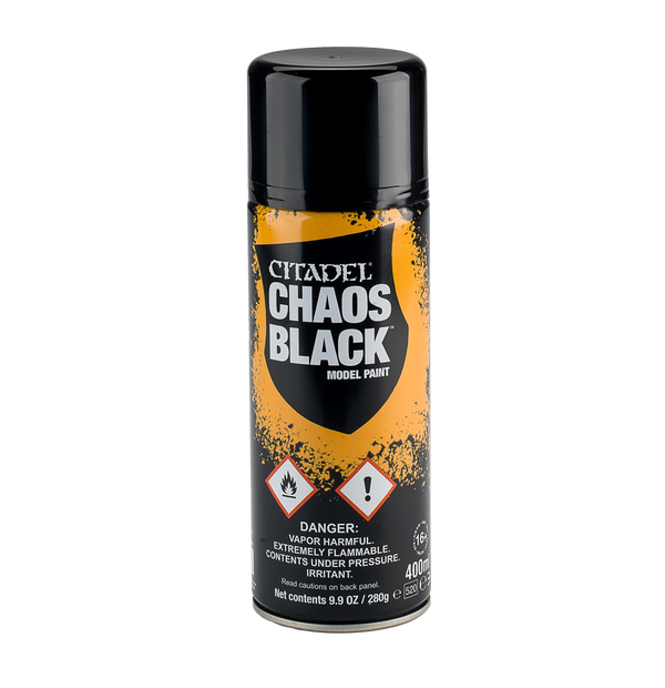 Can of Citadel Chaos Black model paint on a white background