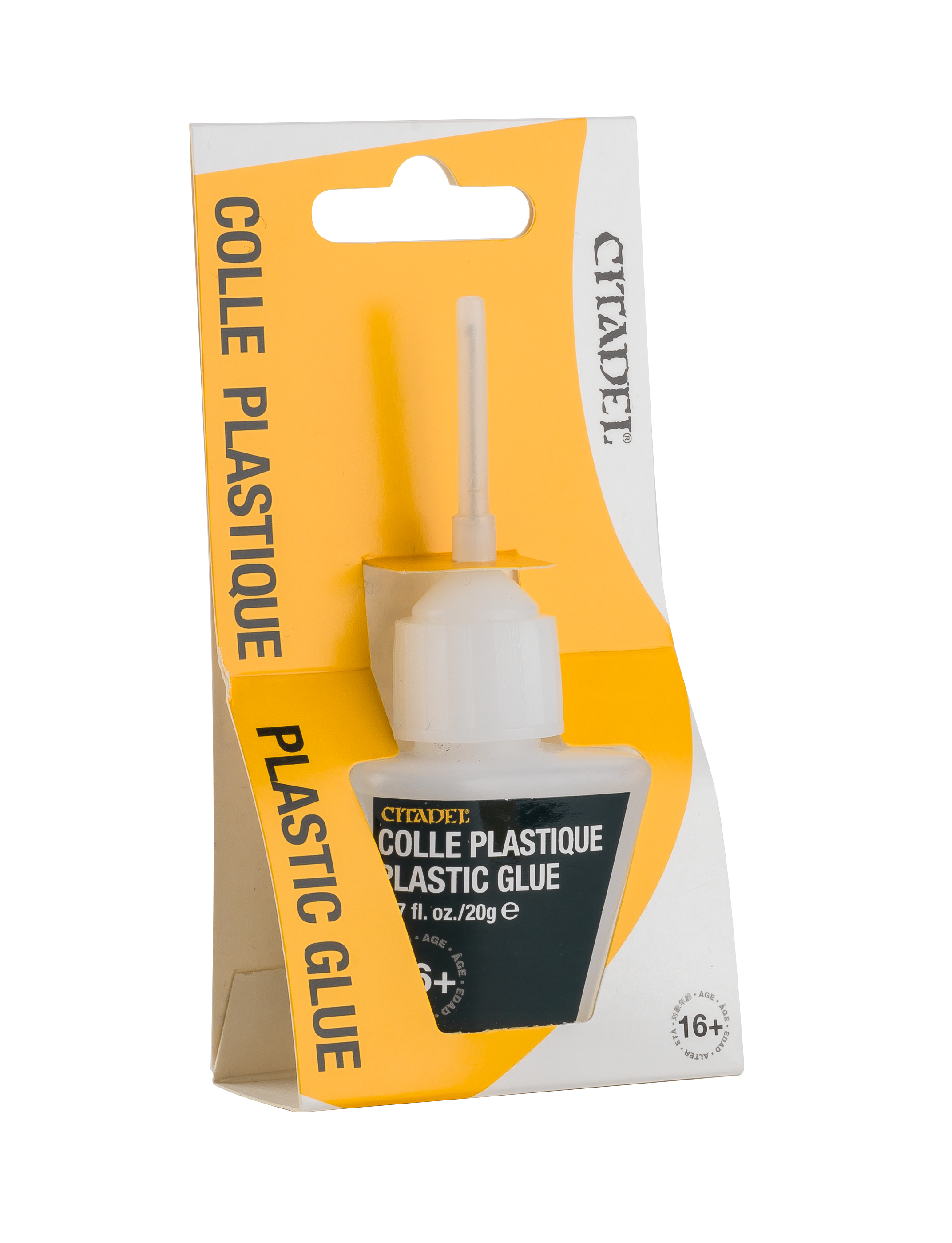Packaging of Citadel Plastic Glue with yellow and white design