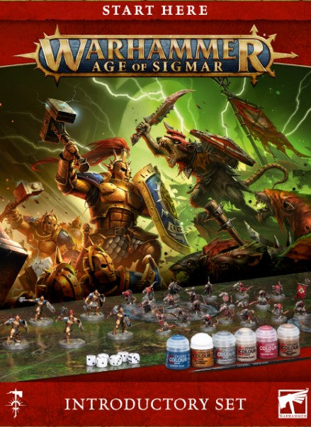 Warhammer Age of Sigmar introductory set packaging with characters and miniatures.
