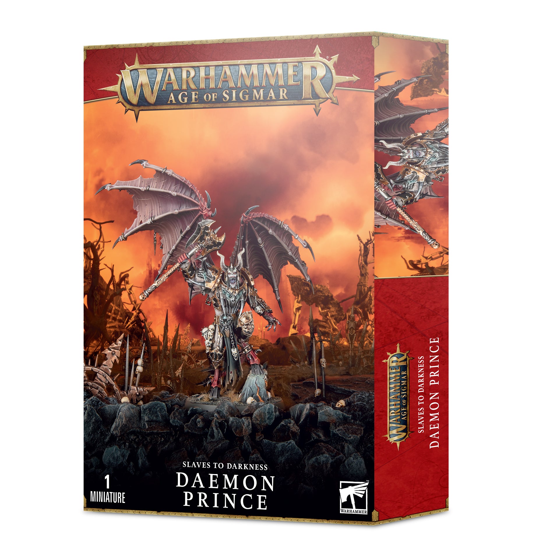 Warhammer Age of Sigmar Daemon Prince miniature box with dragon and warrior on a fiery battlefield background.