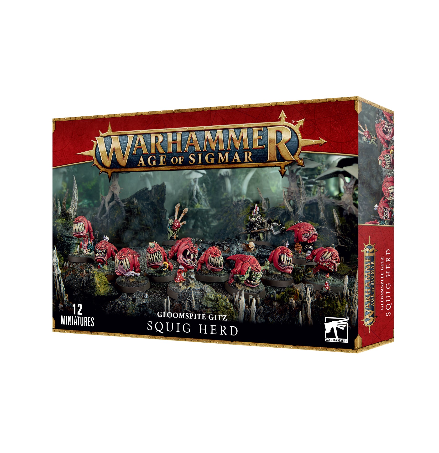 Warhammer Age of Sigmar miniatures box featuring Gloomspite Gitz Squig Herd on a white background