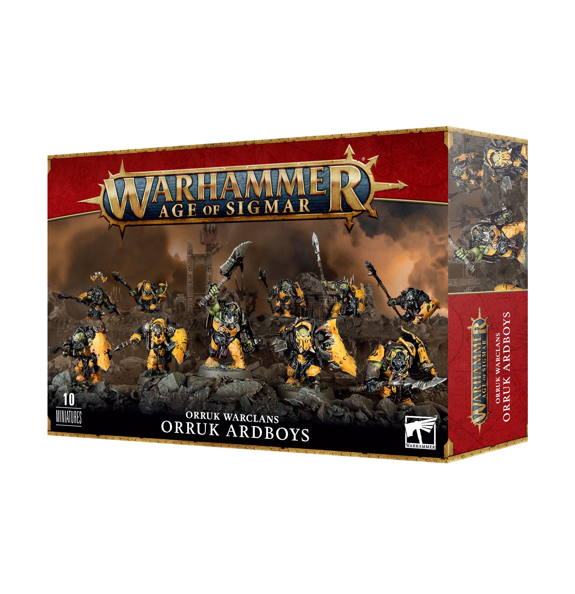 Warhammer Age of Sigmar game box featuring Orruk Warclans and Orruk Ardboys on a white background.