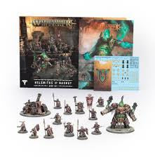 Warhammer figurine set with detailed packaging featuring a character and miniatures.