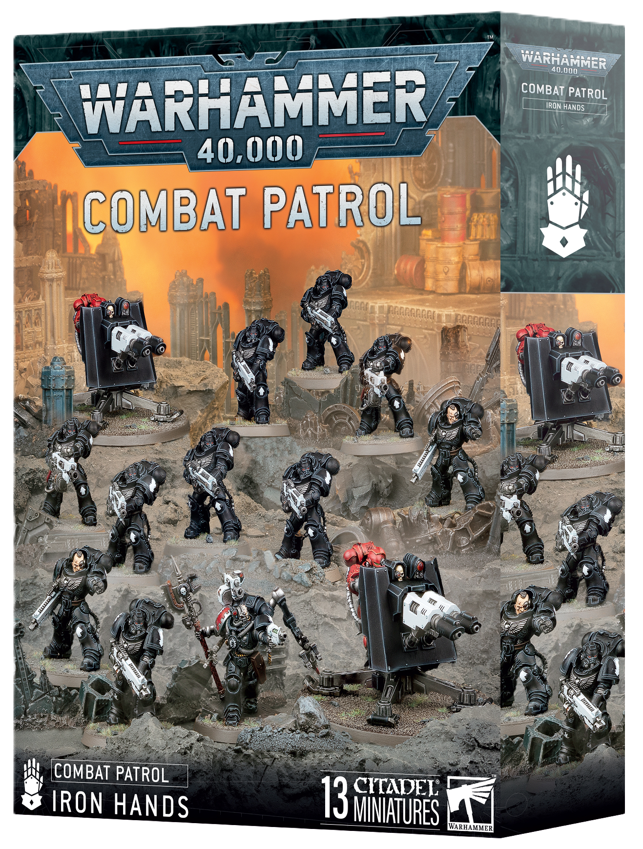 Warhammer 40,000 Combat Patrol game box with miniatures on a dystopian landscape.