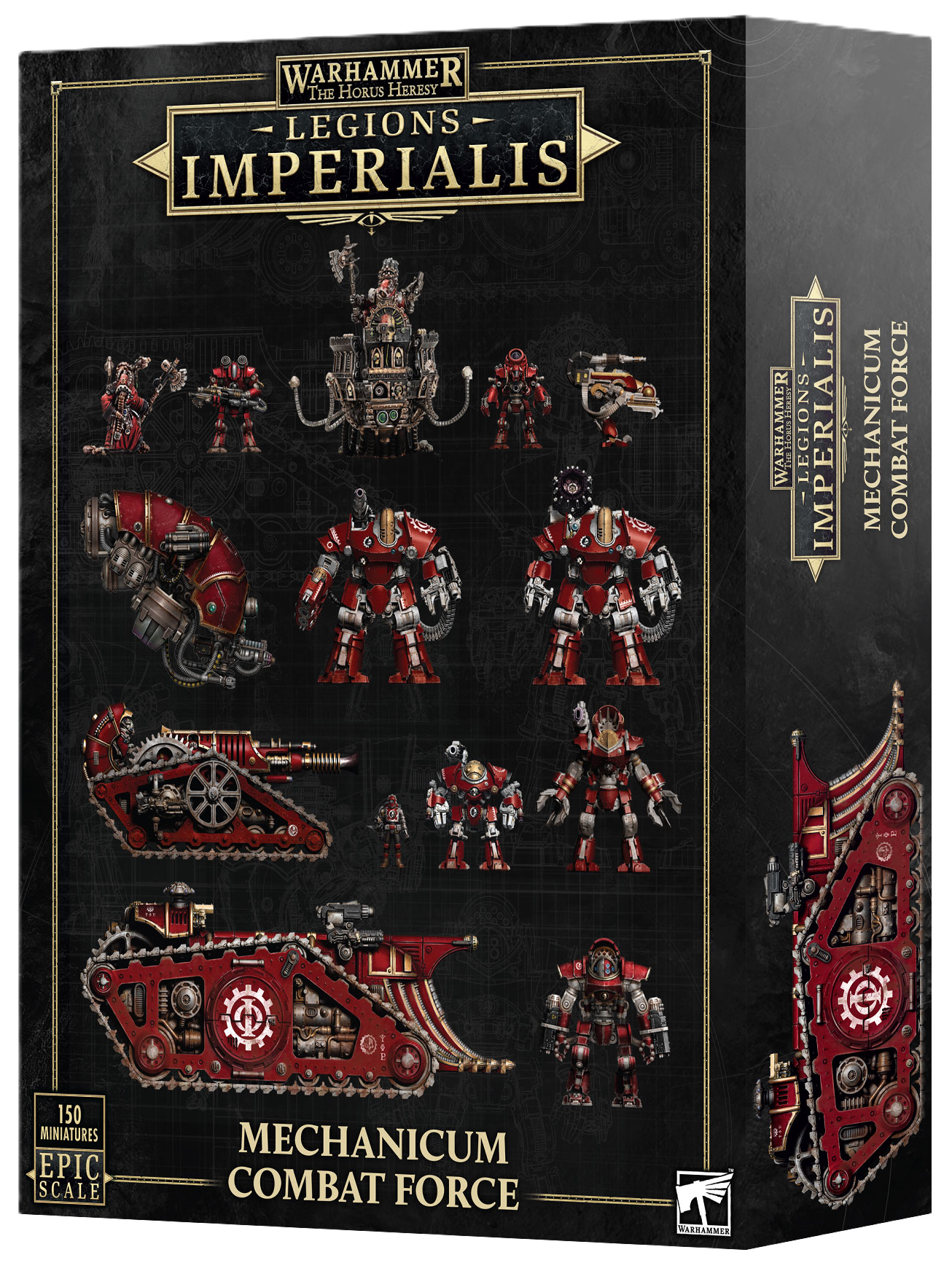 Warhammer Legions Imperialis Mechanicum Combat Force box with detailed illustrations on a black background