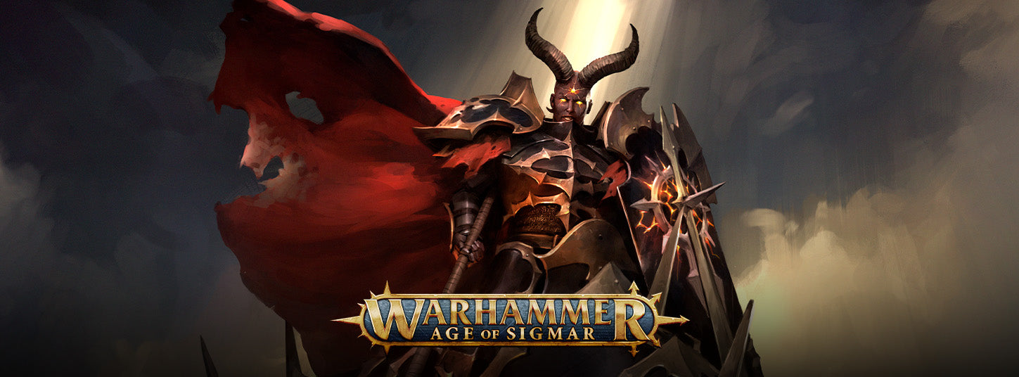 Warhammer Age of Sigmar character with a dark, cloudy background