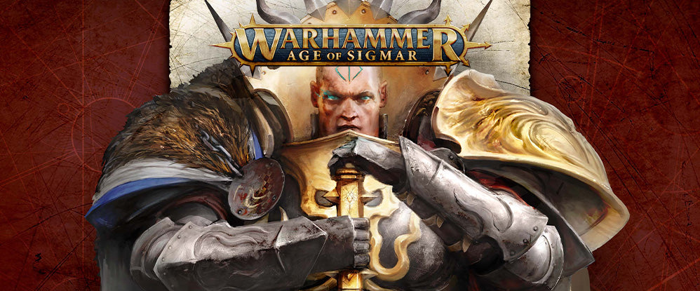 Warhammer Age of Sigmar logo with a character holding a sword on a red background