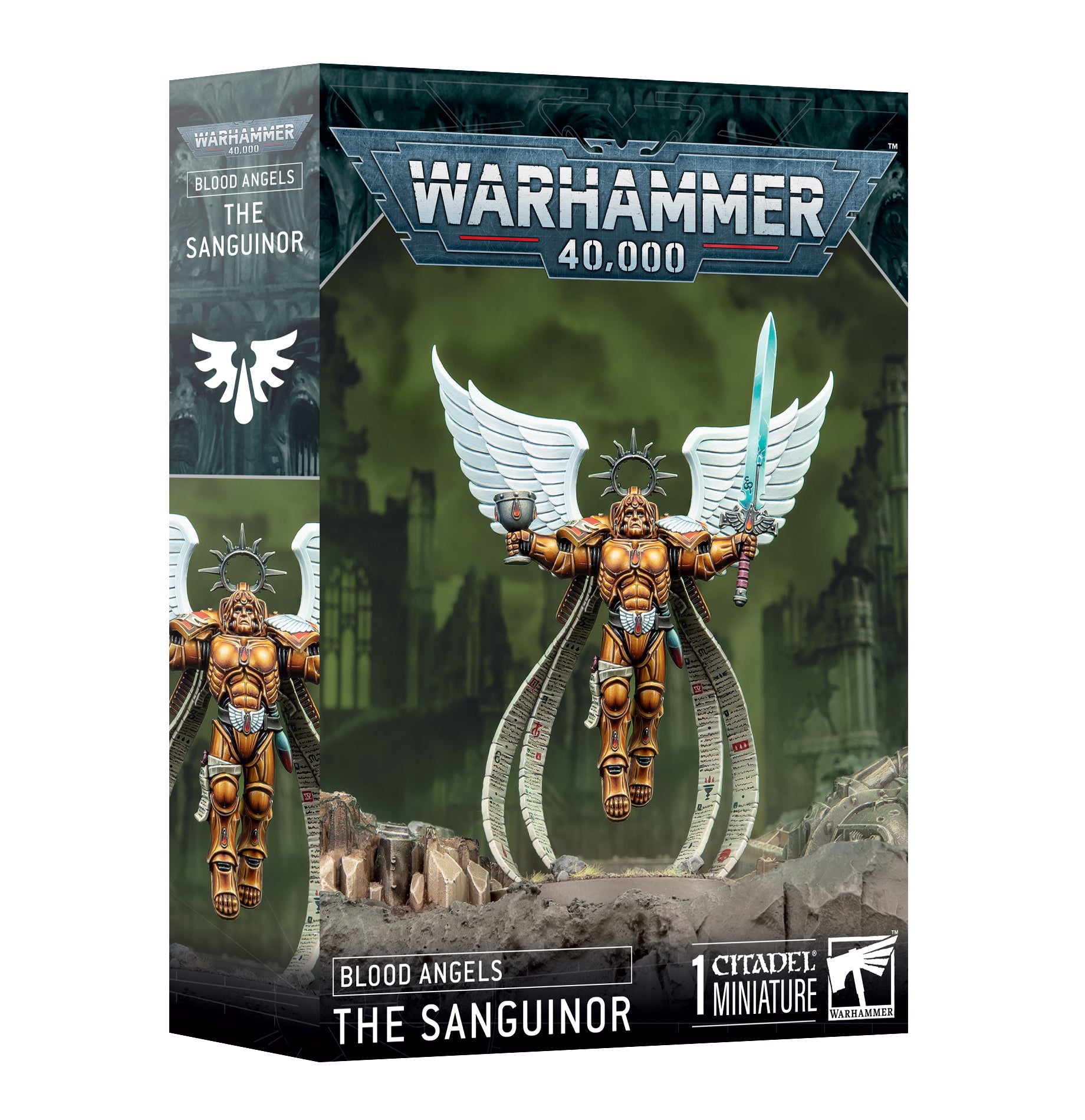 Warhammer 40,000 Blood Angels The Sanguinor figurine packaging on a white background