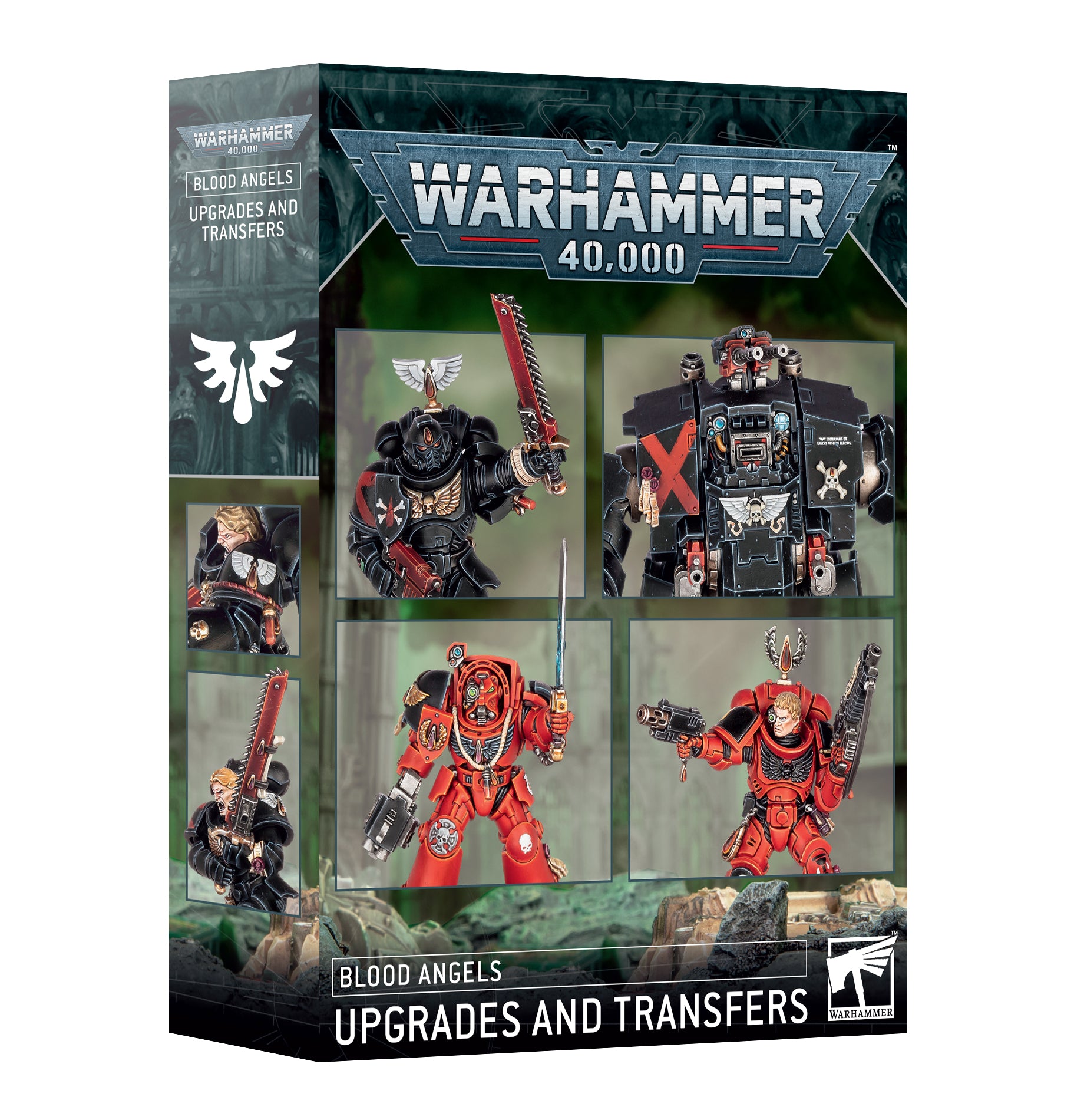 Warhammer 40,000 Blood Angels upgrades and transfers packaging with figures on a white background