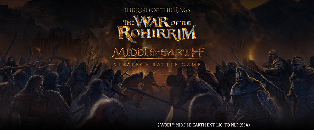 Promotional banner for 'The War of the Rohirrim' from 'Middle-earth Strategy Battle Game' with Rohirrim warriors and title text.