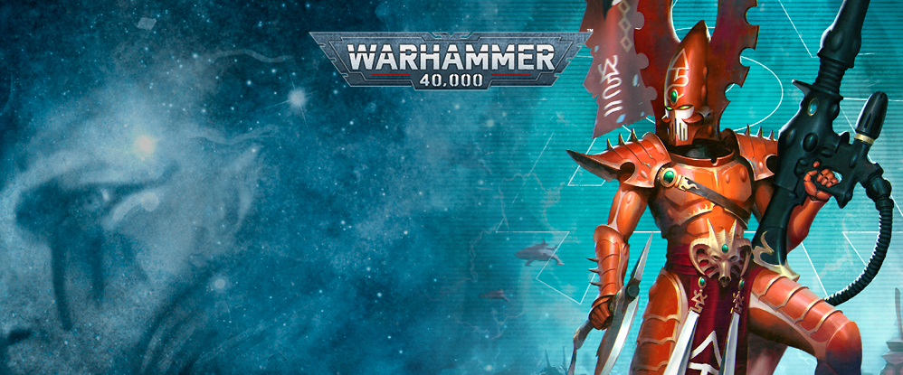 Warhammer 40,000 figurine with space-themed background