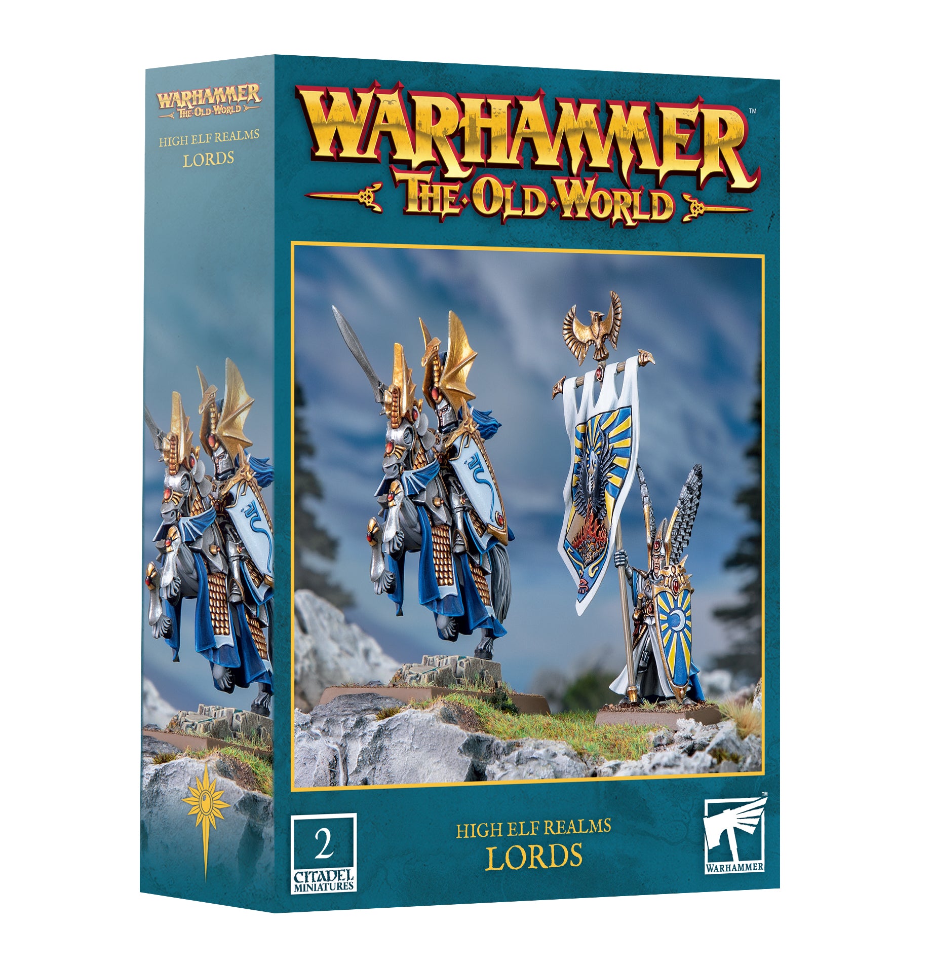 Warhammer The Old World game box featuring high elf realms lords on a white background