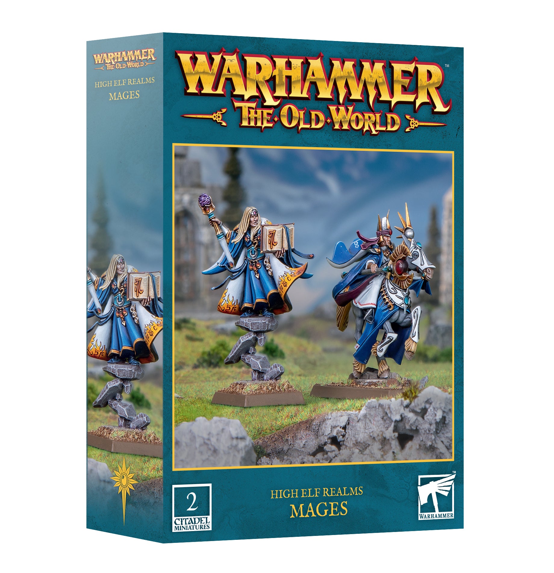 Warhammer The Old World game box featuring High Elf Mages on a scenic background