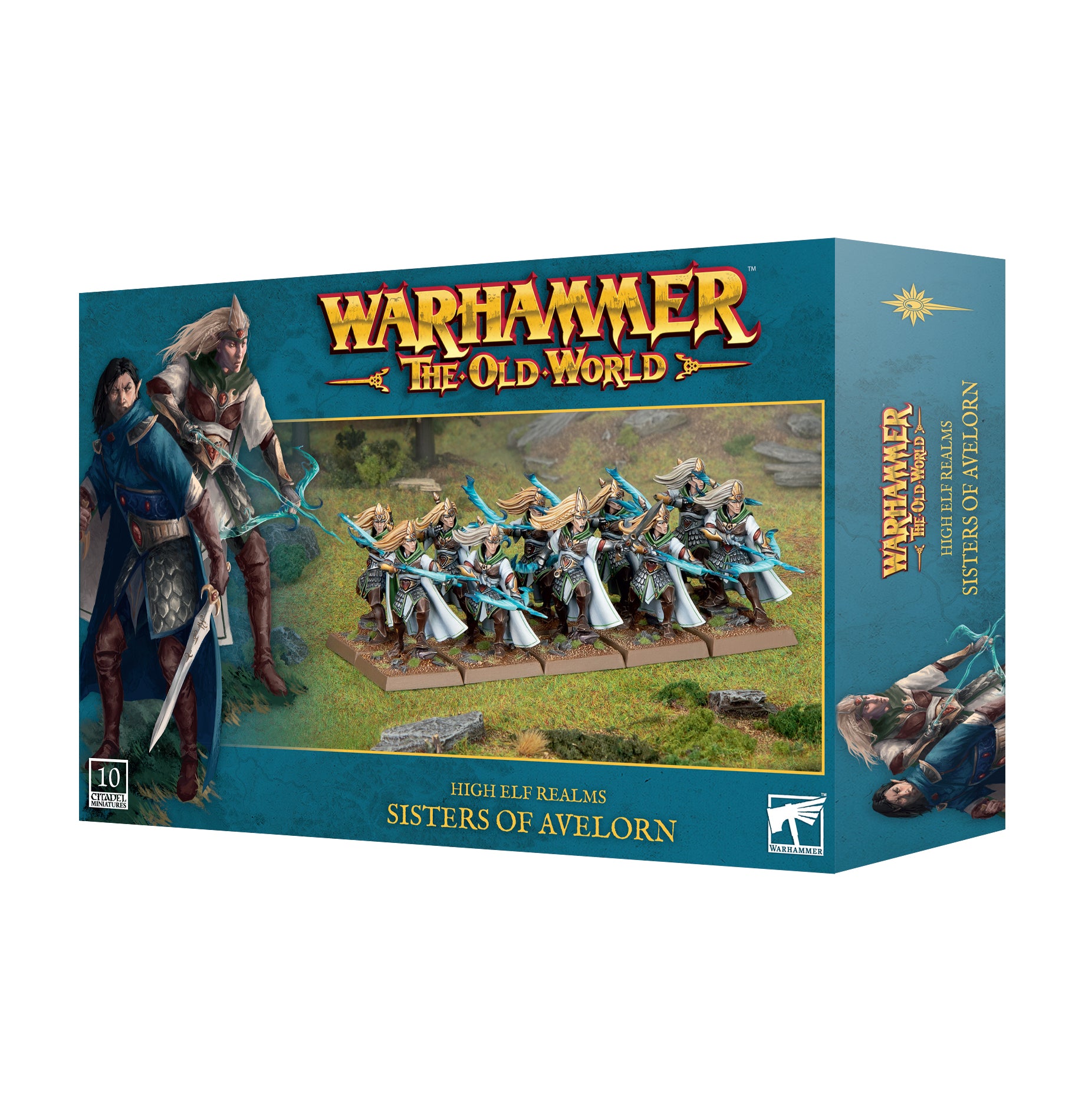 Warhammer The Old World game box featuring High Elf Realms Sisters of Avelorn on a white background
