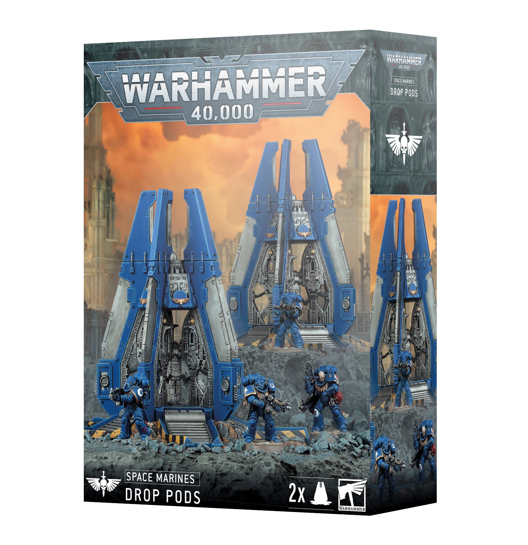 Warhammer 40,000 Space Marines Drop Pods packaging with models and text on a white background