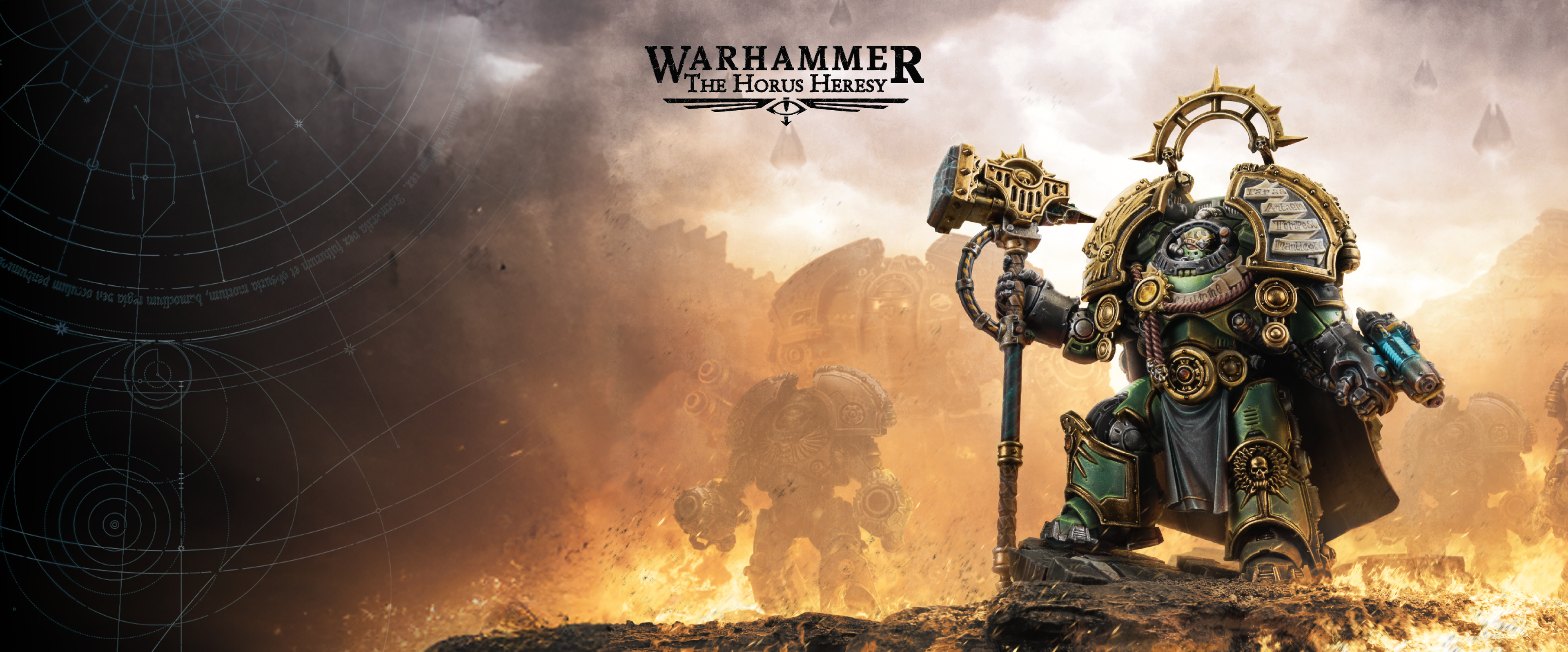 Warhammer figurine with detailed armor and weapons against a fiery background