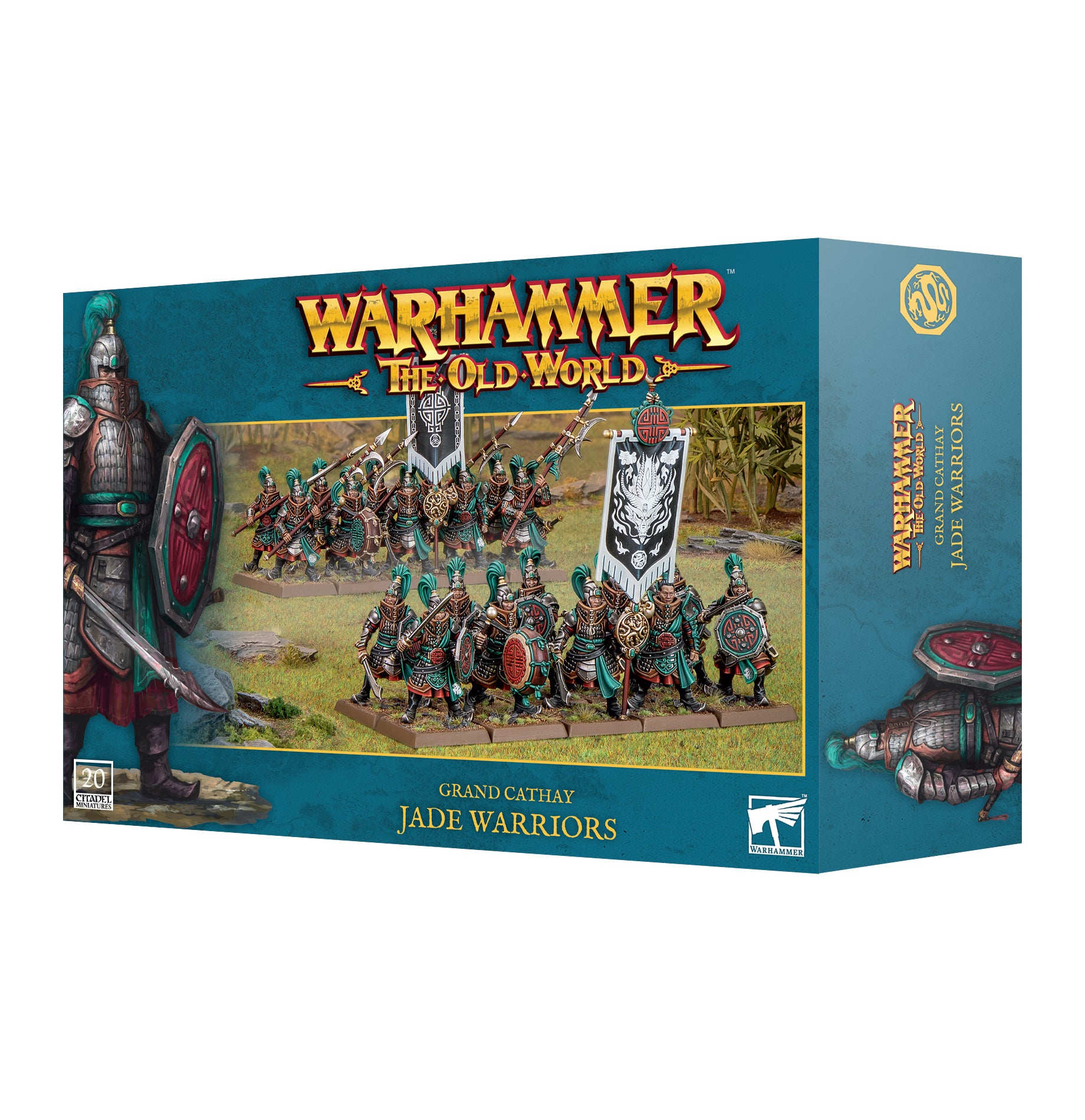 Warhammer The Old World game box featuring Jade Warriors on a blue background